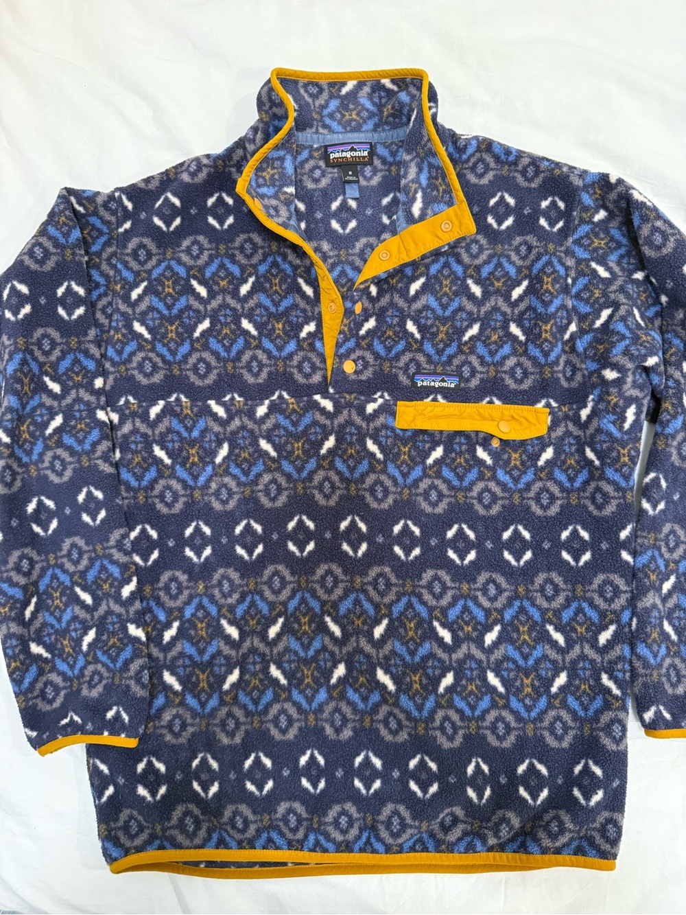 Patagonia Navy & Yellow Patterned Snap-T Fleece Pullover